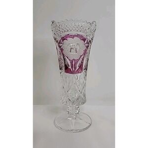 Vintage Anna Hutte Cut 24% Lead Crystal Vase Ruby Red Overlay Floral Design 7"